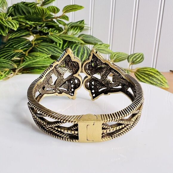 Fabulous HEIDI DAUS Rhinestones Gold Brass Earth Tone Clamper Bracelet Signed - Picture 11 of 16
